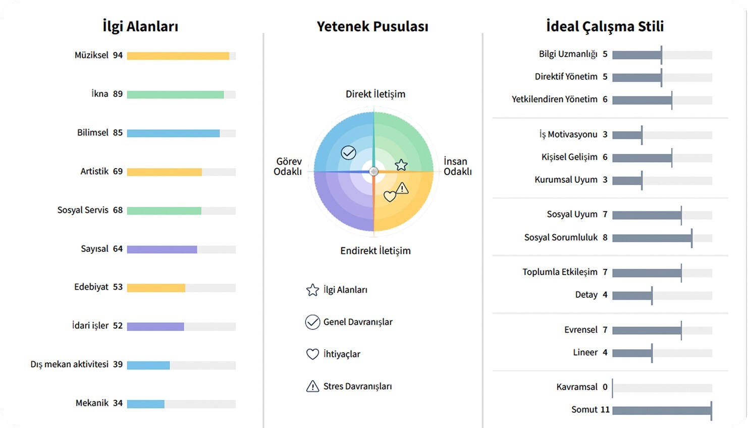 TalentSpot İlgi Alanları, Yetenek Pusulası ve İdeal Çalışma Stili raporu